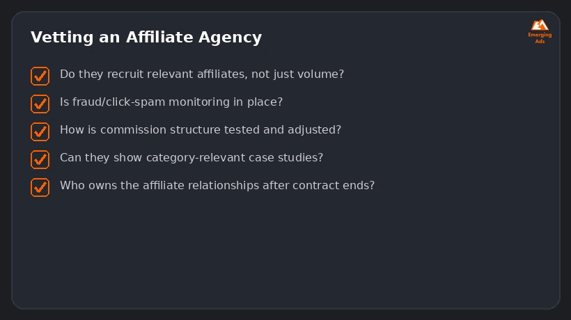 Screenshot showing an example step from the Best affiliate marketing for e-commerce agency near me process, a vetting and fraud-monitoring checklist
