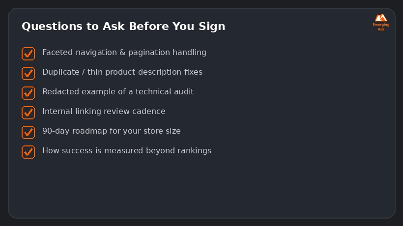 Checklist graphic: questions to ask before hiring an e-commerce SEO agency