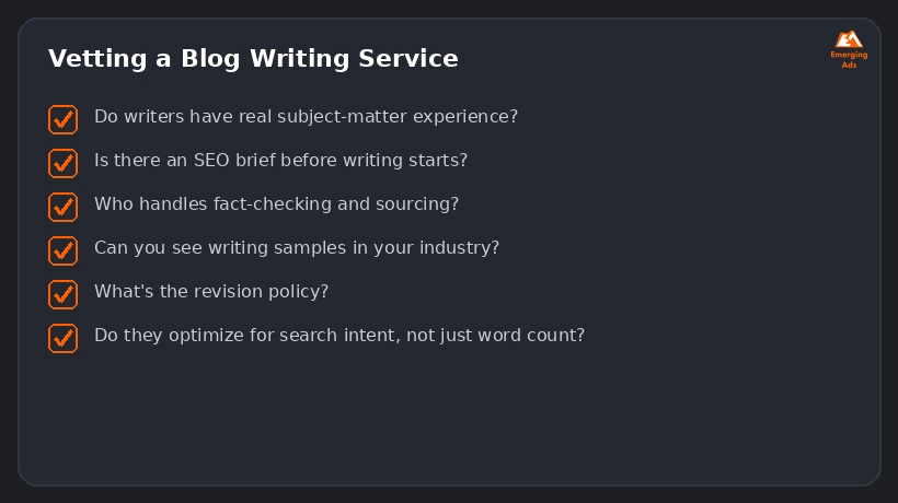 Screenshot showing an example step from the Best blog writing services agency near me process, a vetting checklist
