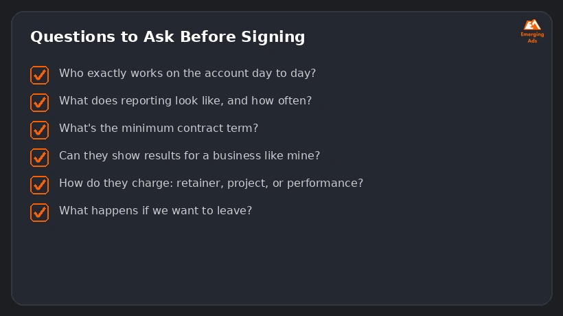 Screenshot showing an example step from the How to choose a digital marketing agency in 2026 process, questions checklist