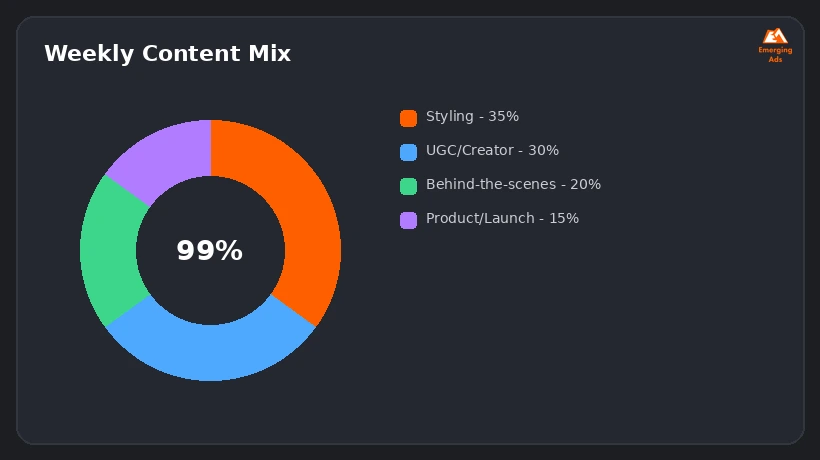 Donut chart showing the recommended content mix for a clothing brand's social calendar