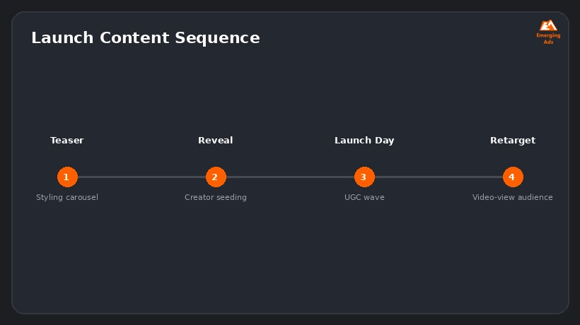 Timeline graphic showing a clothing brand's product launch content sequence