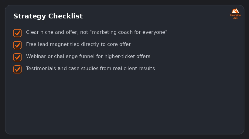 Screenshot showing an example step from the Best coaching business marketing strategy in 2026 process, a strategy checklist