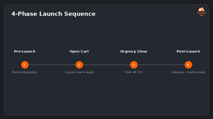 Timeline showing the four phases of an online course launch sequence