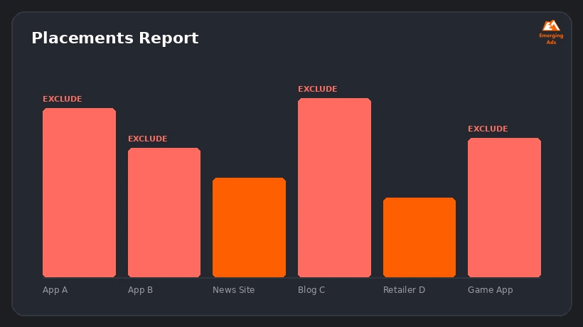 Screenshot showing an example step from the how to lower cost per click with Google Display Ads process, a Google Ads placements report with low-quality placements highlighted for exclusion