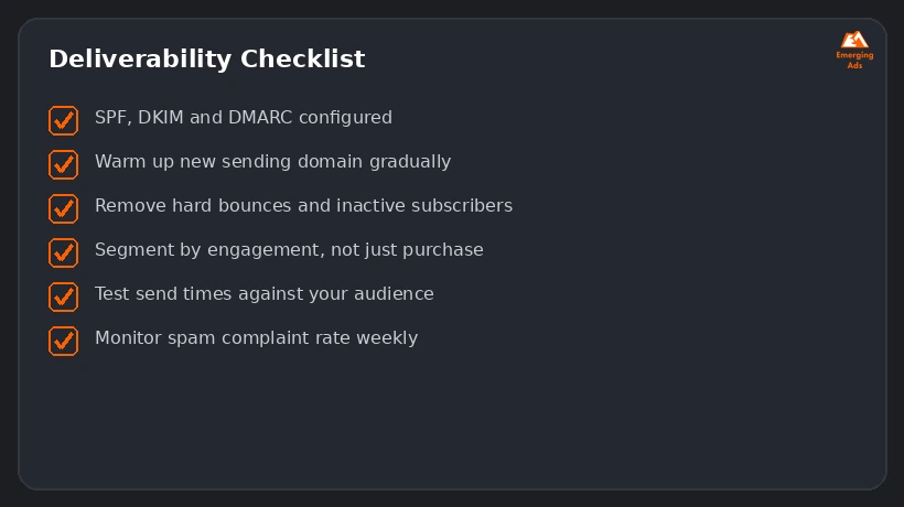 Screenshot showing an example step from the How to improve results with email marketing for e-commerce process, a deliverability checklist