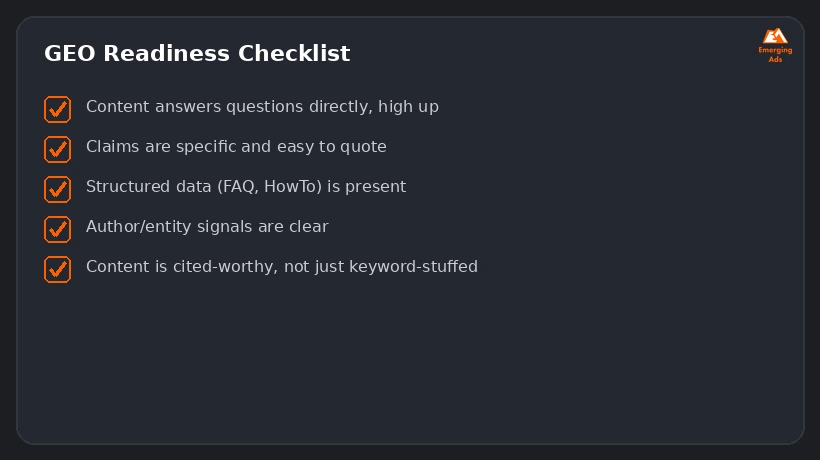 Screenshot showing an example step from the What is GEO (Generative Engine Optimization) process, a readiness checklist