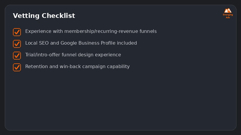 Screenshot showing an example step from the Top gym marketing agency near me process, a vetting checklist