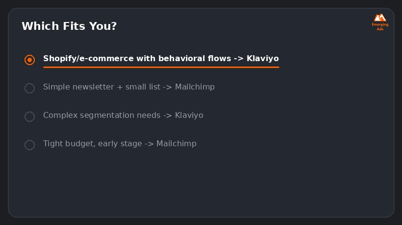 Screenshot showing an example step from the Klaviyo vs Mailchimp for e-commerce email marketing process, a decision guide
