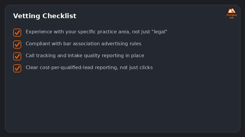 Screenshot showing an example step from the Top legal lead generation agency near me process, a vetting checklist