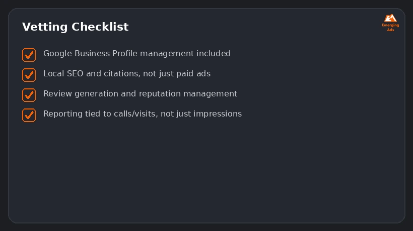 Screenshot showing an example step from the Top local business marketing agency near me process, a vetting checklist