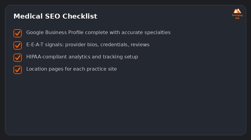 Screenshot showing an example step from the Best medical practice SEO strategy in 2026 process, a medical SEO checklist