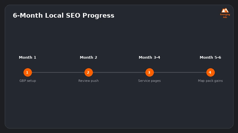 Timeline showing a realistic local SEO progress schedule for a pet grooming business