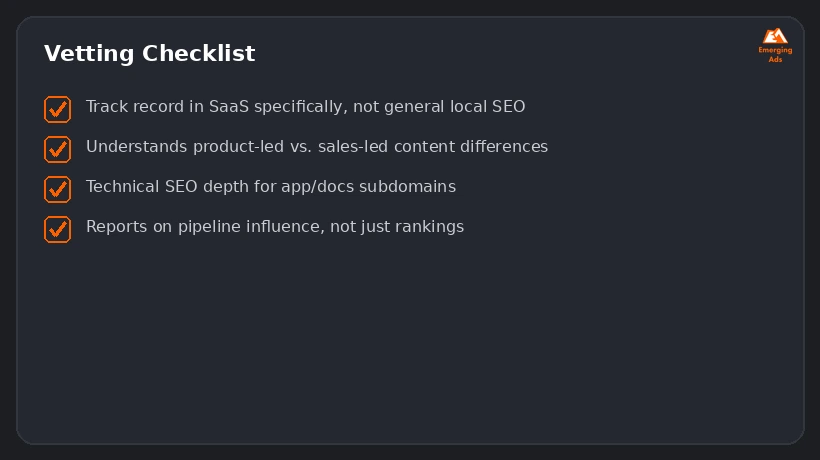 Screenshot showing an example step from the Top SaaS SEO agency near me process, a vetting checklist