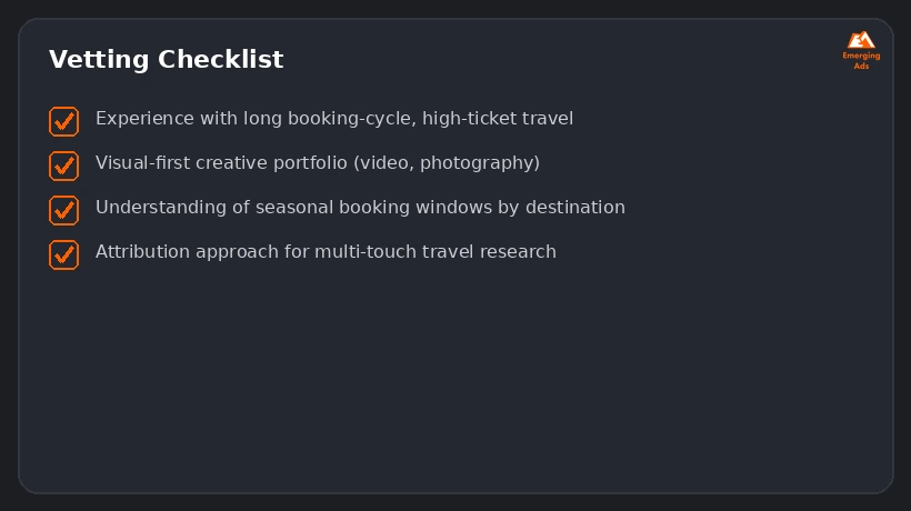Screenshot showing an example step from the Top safari and adventure travel ads agency near me process, a vetting checklist