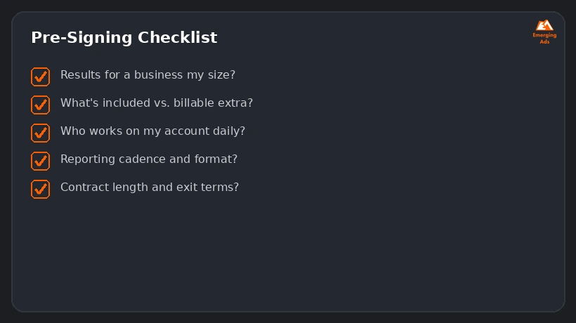 Checklist graphic of questions to ask before hiring a US digital marketing agency