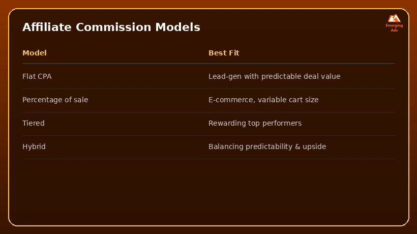 Table comparing flat CPA, percentage of sale, tiered, and hybrid affiliate commission models
