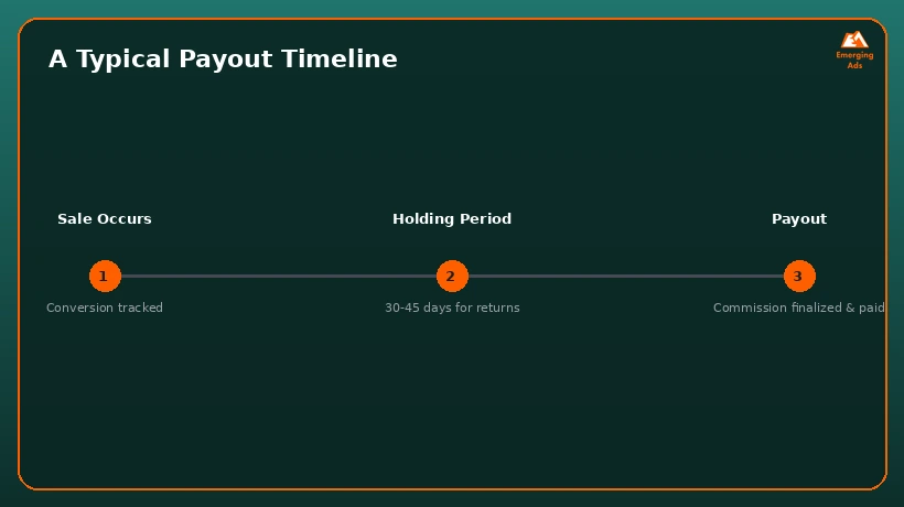 Timeline graphic showing a typical affiliate payout schedule