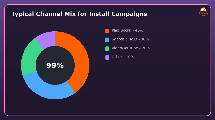 Donut chart showing a typical channel mix for app install campaigns