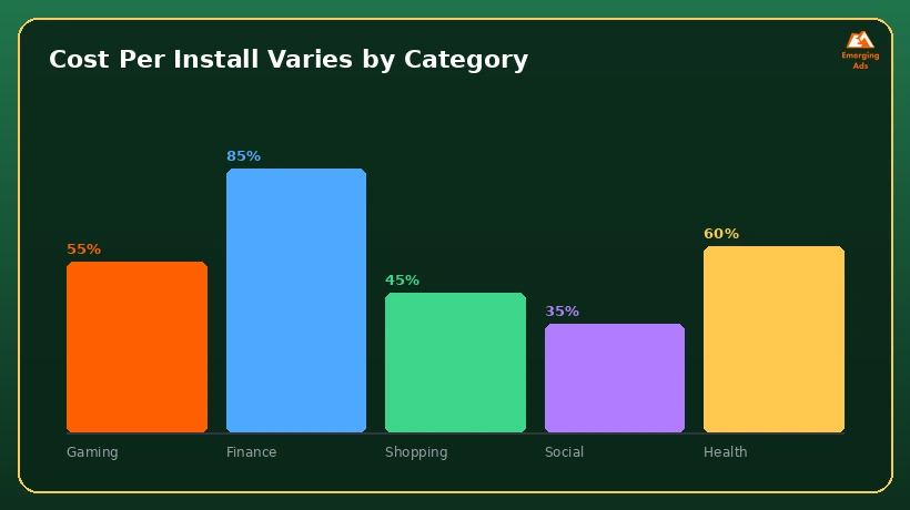 Bar chart comparing cost per install across gaming, finance, shopping, social, and health app categories