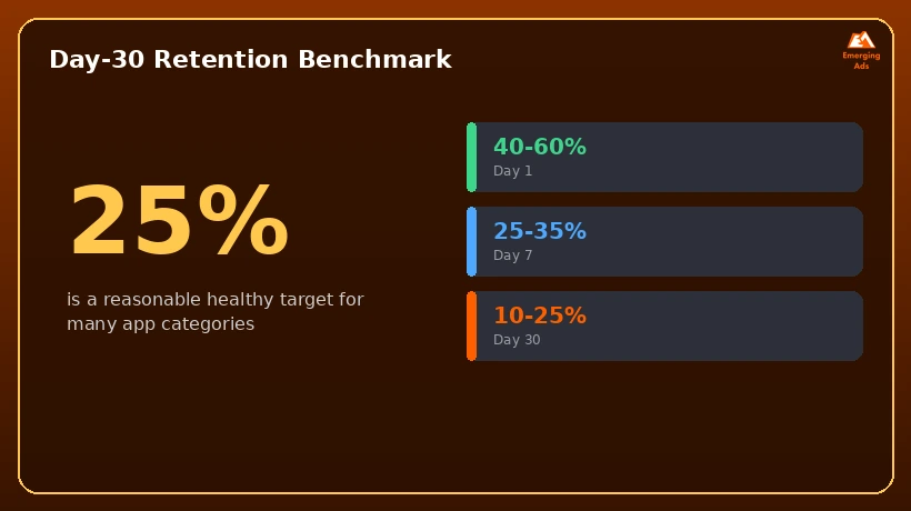 Infographic showing day-1, day-7, and day-30 app retention benchmarks