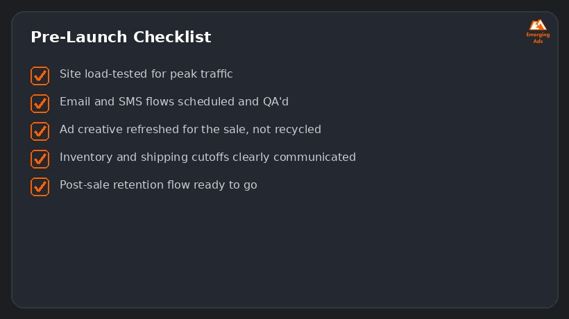 Screenshot showing an example step from the Black Friday marketing strategy checklist 2026 process, a pre-launch checklist