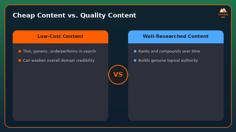 Comparison graphic contrasting cheap thin content against well-researched quality content