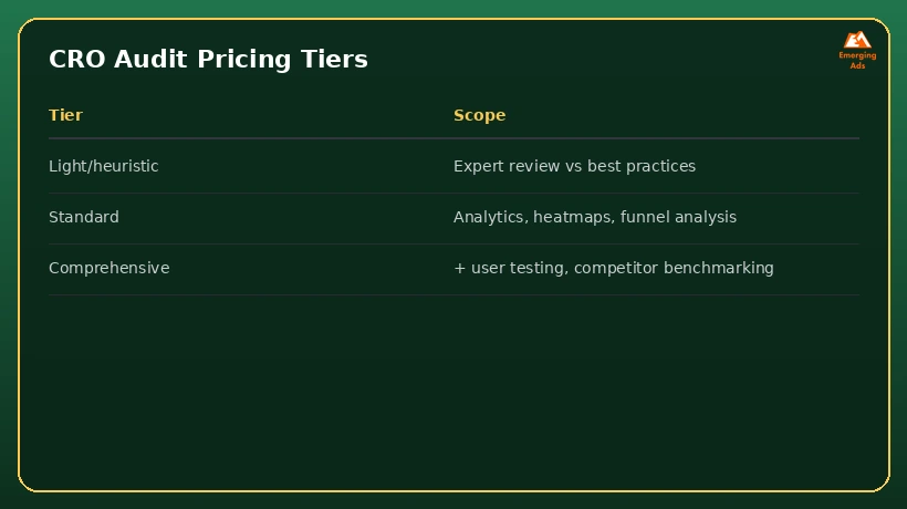 Table comparing light, standard, and comprehensive CRO audit pricing tiers