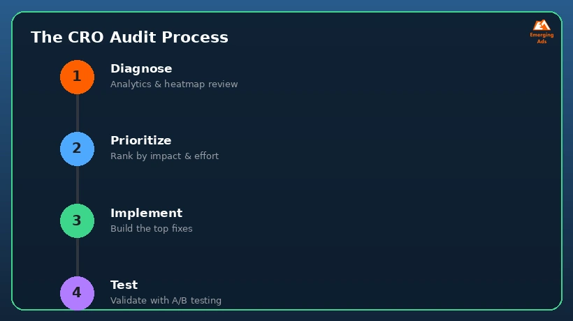 Numbered steps showing the diagnose, prioritize, implement, test CRO process