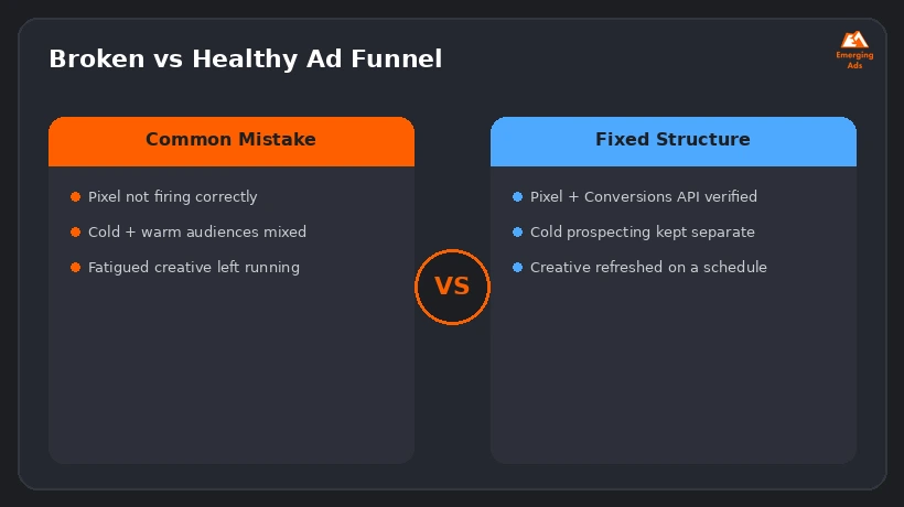Infographic showing a proper Facebook Ads funnel structure from cold to warm audiences