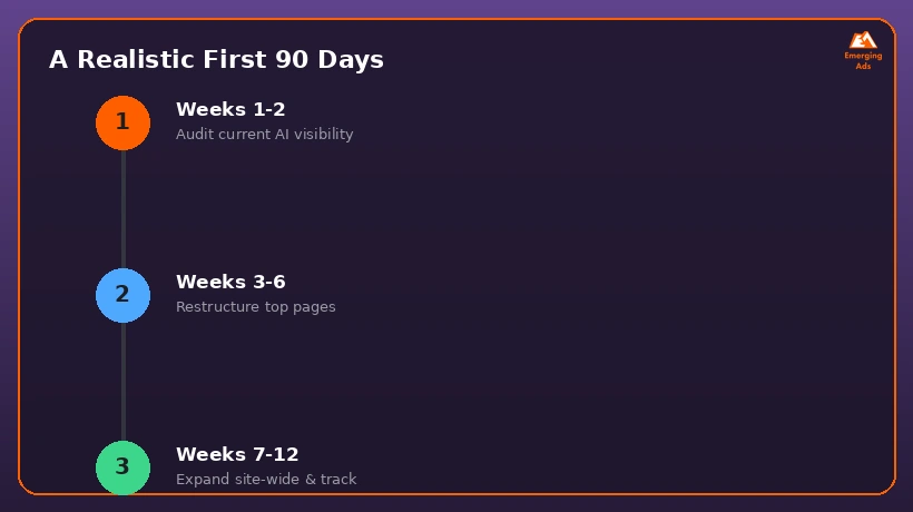 Numbered steps for a realistic first 90 days of GEO work
