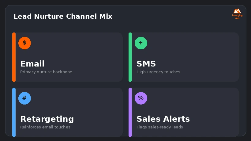 Infographic showing a multi-channel lead nurture automation mix combining email, SMS, and retargeting
