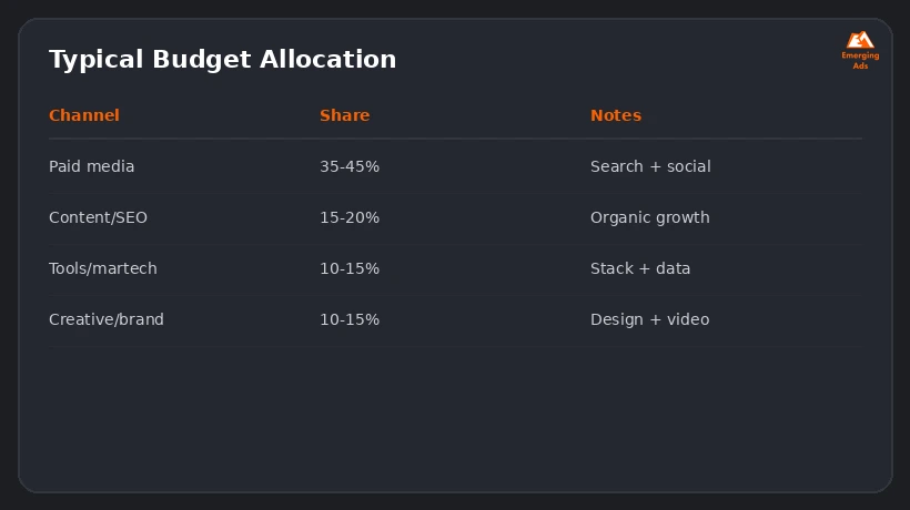 Screenshot showing an example step from the Average marketing budget as a percentage of revenue by industry process, typical budget allocation table