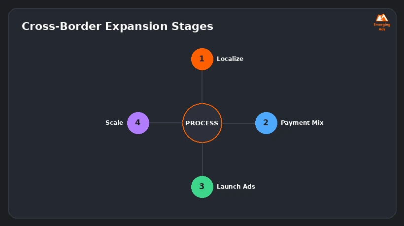 Funnel graphic showing cross-border expansion stages for a Netherlands-based e-commerce brand
