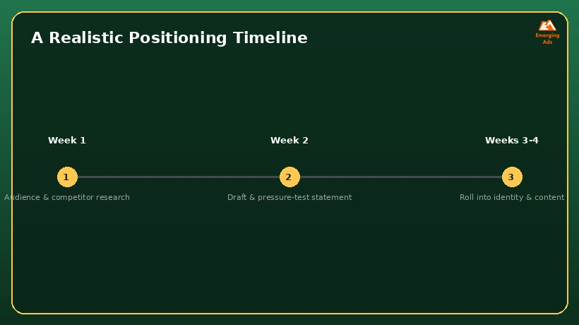 Timeline graphic showing a realistic multi-week positioning project schedule