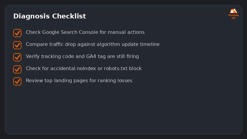 Screenshot showing an example step from the Website traffic dropped suddenly: how to diagnose and fix it process, a diagnosis checklist