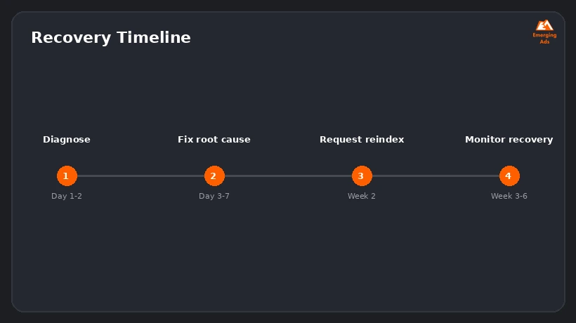 Screenshot showing an example step from the Website traffic dropped suddenly: how to diagnose and fix it process, a recovery timeline